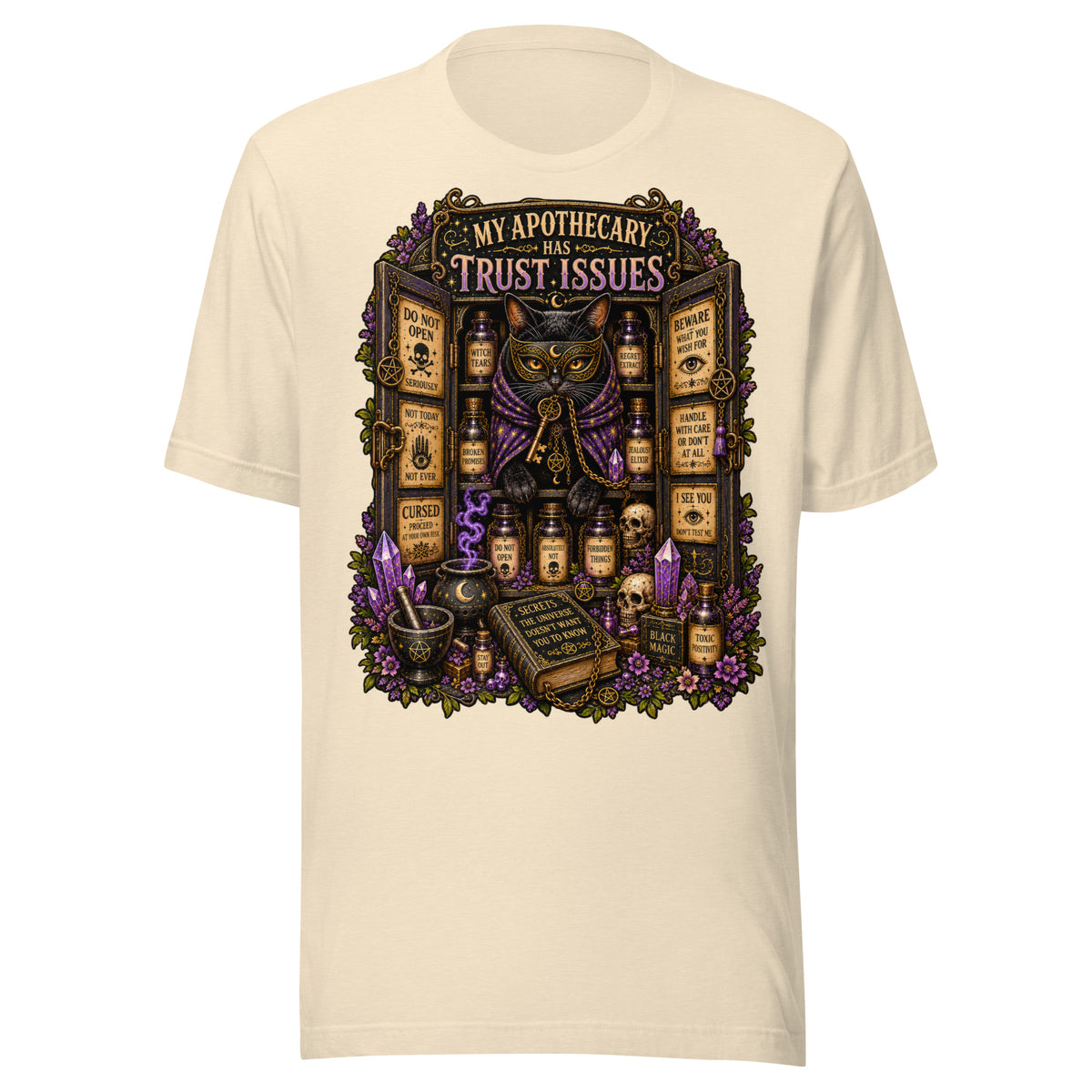 My Apothecary Has Trust Issues design, a masked black cat guarding a cabinet of labeled potions, on a heather natural unisex t-shirt, front view