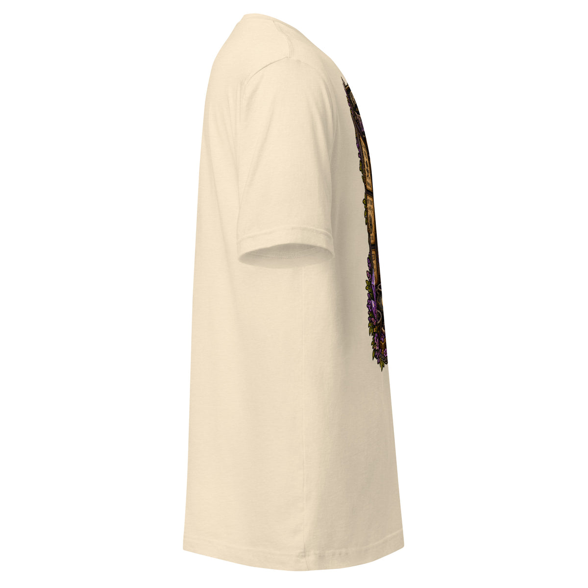 My Apothecary Has Trust Issues design on a heather natural unisex t-shirt, right side view