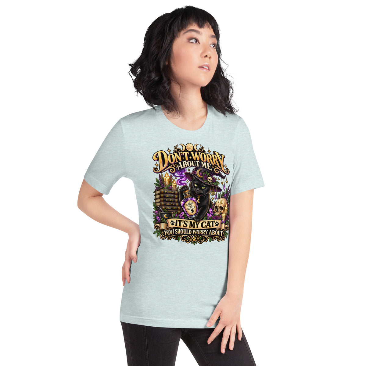 Model wearing a Heather Prism Ice Blue It's My Cat You Should Worry About t-shirt, right side view