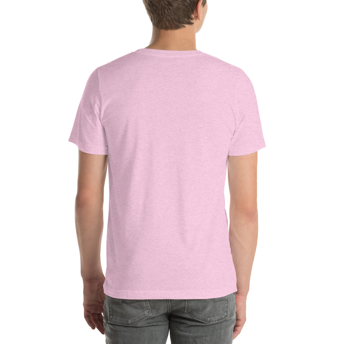 Psychic Is In design, playful floating clouds beneath a banner that reads Psychic Is Open for Business, on a heather prism lilac unisex t-shirt, back view
