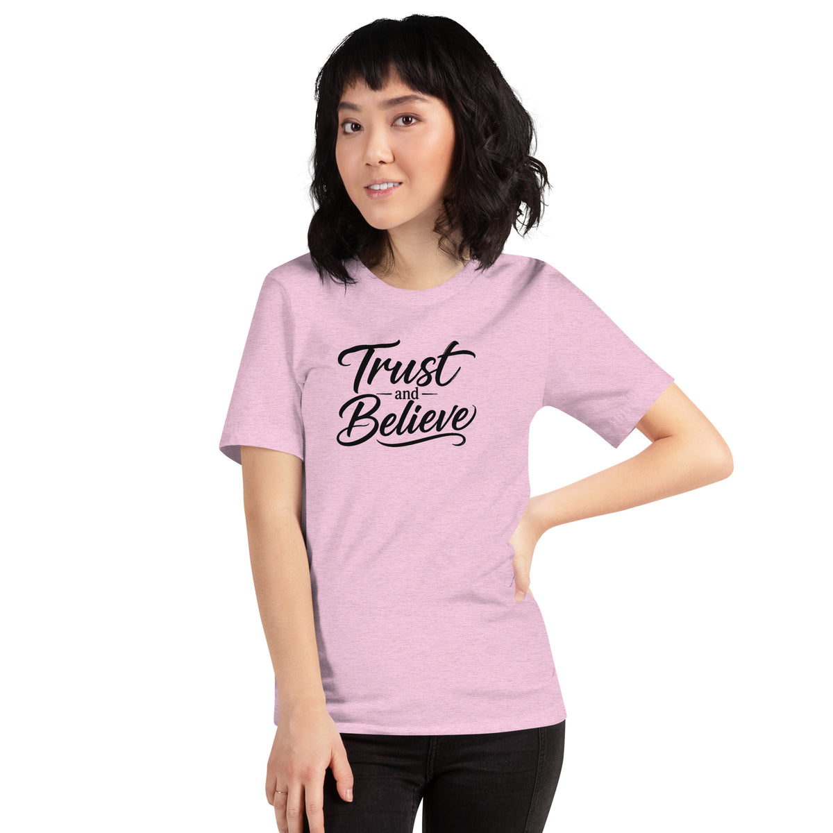 Trust and Believe design in black lettering, on a heather prism lilac unisex t-shirt, front view