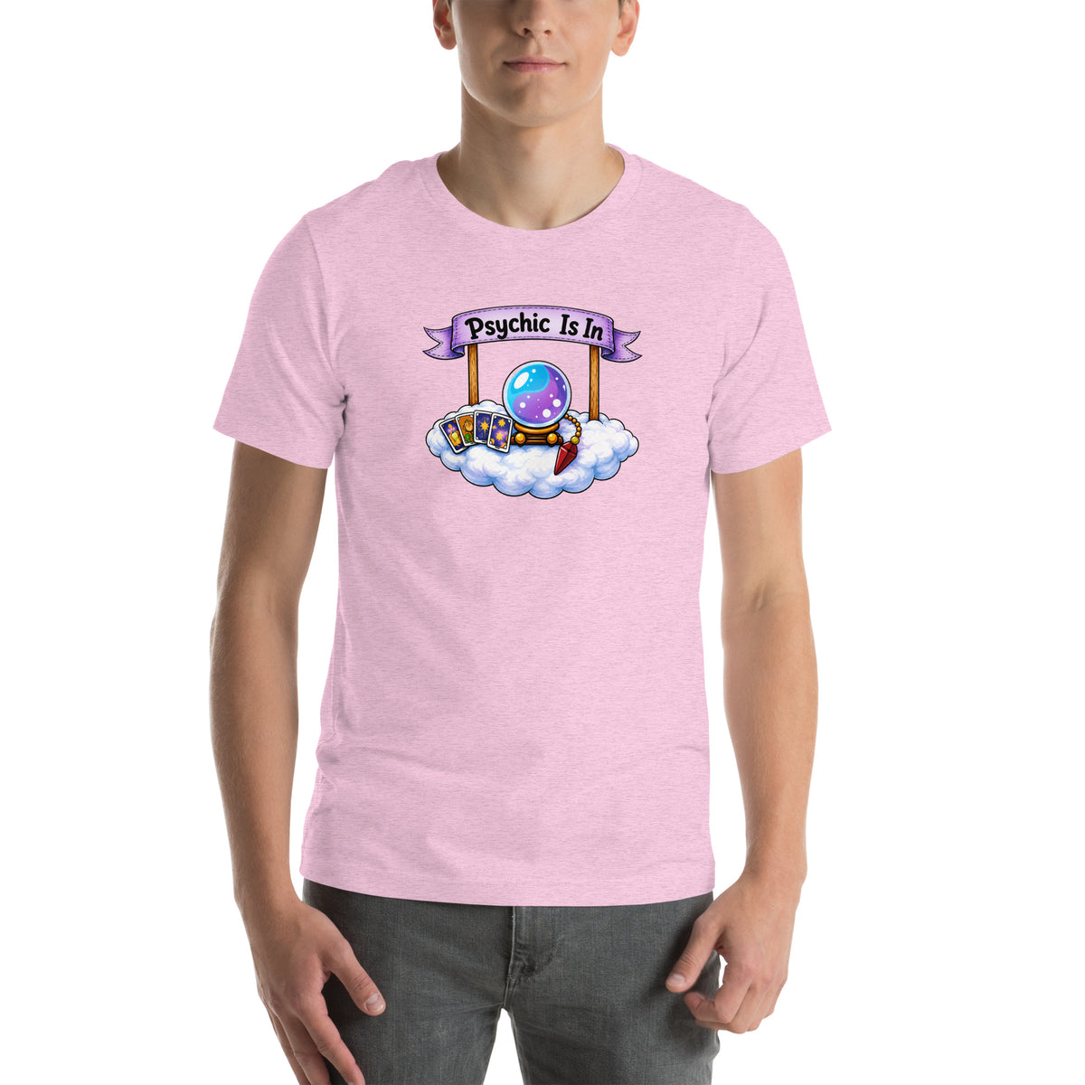 Psychic Is In design, playful floating clouds beneath a banner that reads Psychic Is Open for Business, on a heather prism lilac unisex t-shirt, front view