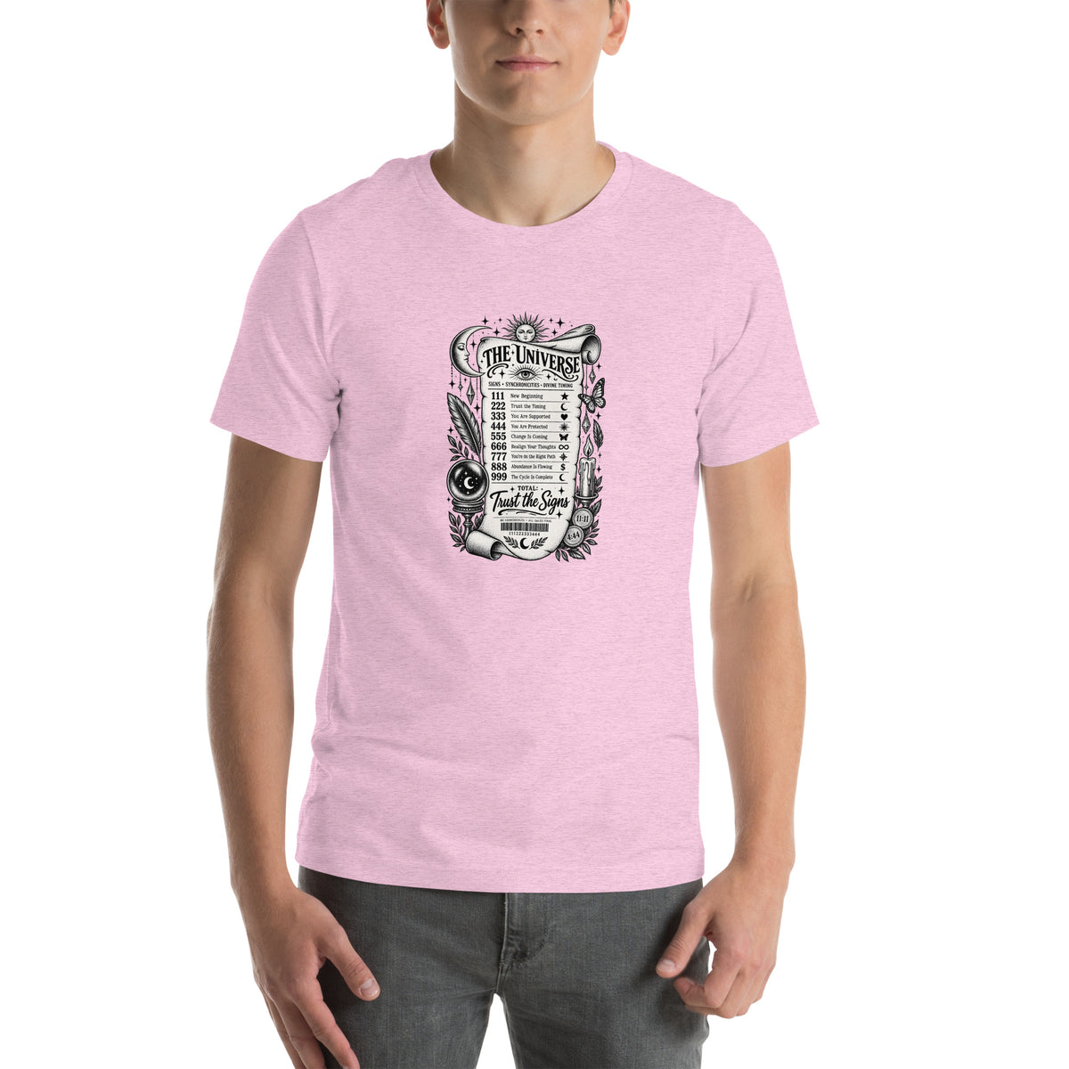 Trust the Signs design, a receipt from the Universe listing the angel numbers and their meanings, with a crystal ball and a candle, on a heather prism lilac unisex t-shirt, front view