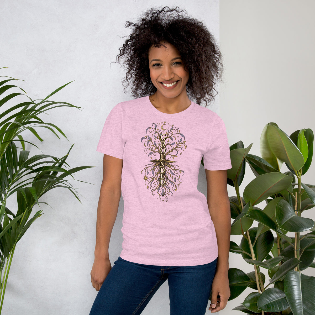 Own Your Grounded Energy design, an ornate tree with gold leaves and crystals in its roots, on a heather prism lilac unisex t-shirt, front view