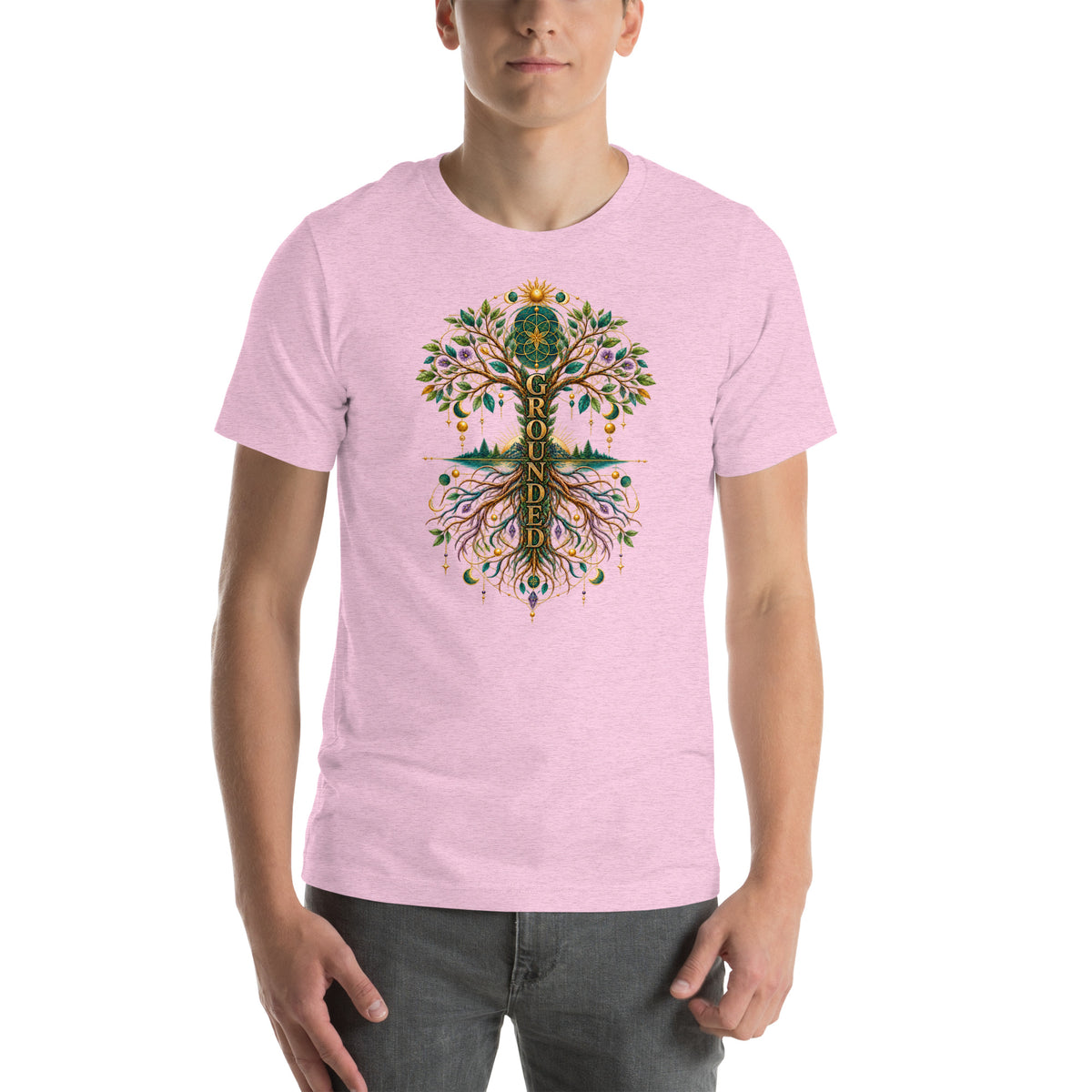 Grounded in Divine Energy design, on a heather prism lilac unisex t-shirt, front view