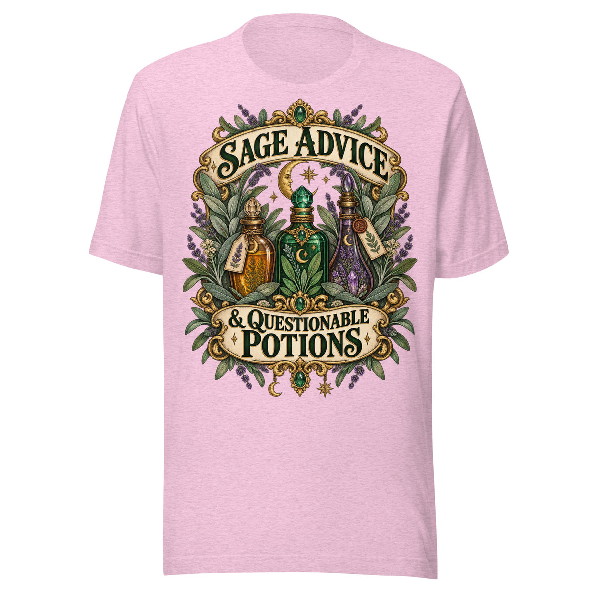 Sage Advice and Questionable Potions design, three apothecary bottles among lavender and sage with gold banners above and below, on a heather prism lilac unisex t-shirt, front view
