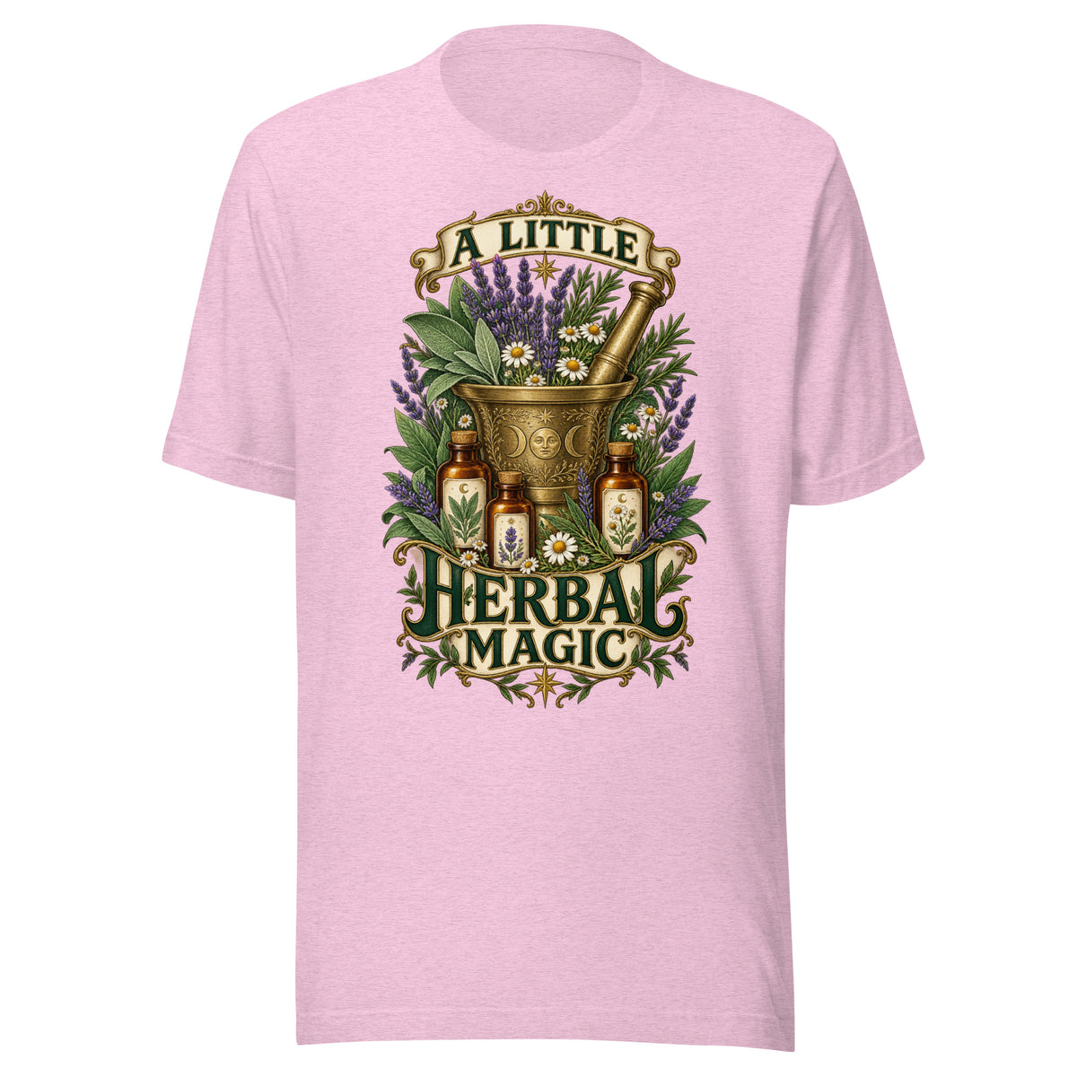 A Little Herbal Magic unisex t-shirt in heather prism lilac, front. Herbology design with sage, lavender and healing herbs.