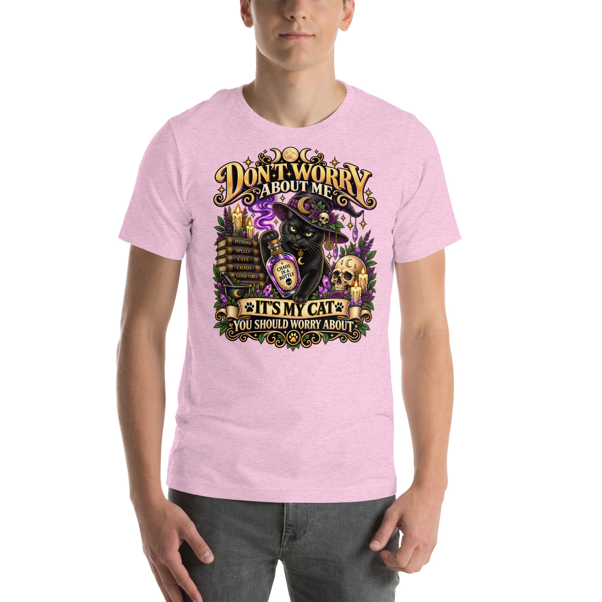 It's My Cat You Should Worry About black cat design on a Heather Prism Lilac unisex t-shirt, front view