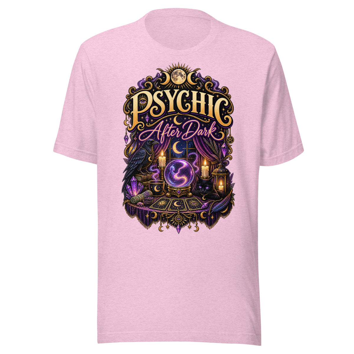 Psychic After Dark neon design, a black cat with a crystal ball, tarot cards and books, on a heather prism lilac unisex t-shirt, front view