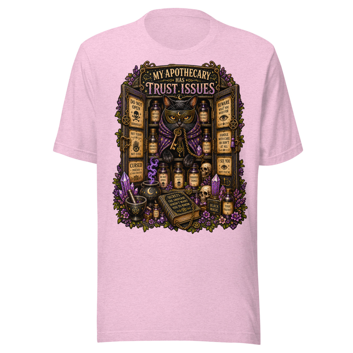 My Apothecary Has Trust Issues design, a masked black cat guarding a cabinet of labeled potions, on a heather prism lilac unisex t-shirt, front view