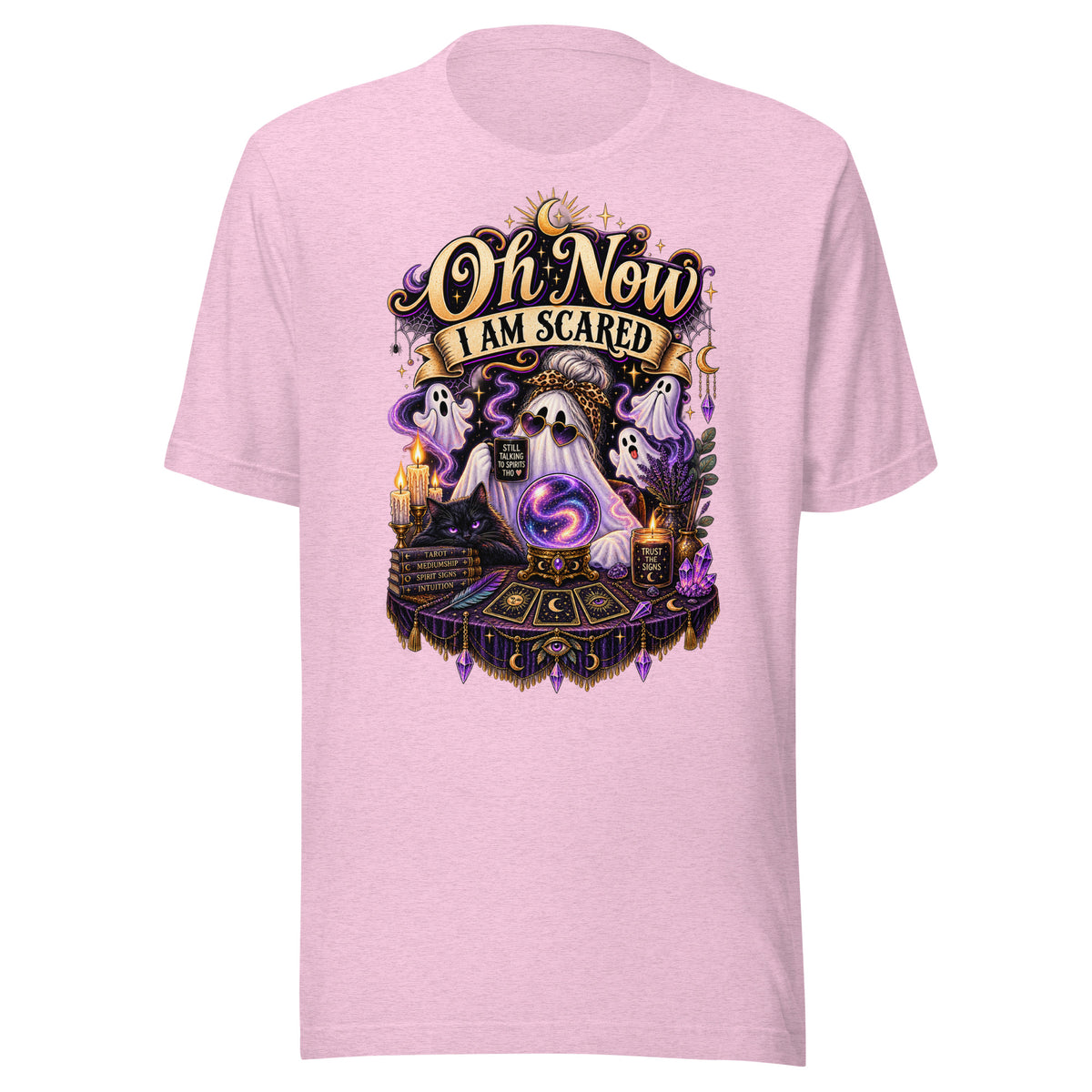 Oh Now I Am Scared design, a ghost in heart sunglasses reading a crystal ball with tarot cards, on a heather prism lilac unisex t-shirt, front view
