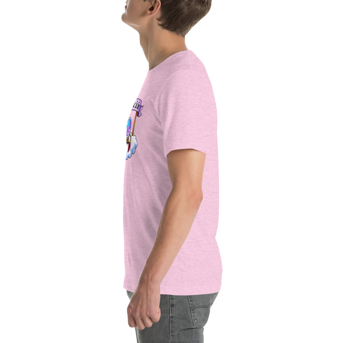 Psychic Is In design, playful floating clouds beneath a banner that reads Psychic Is Open for Business, on a heather prism lilac unisex t-shirt, left side view