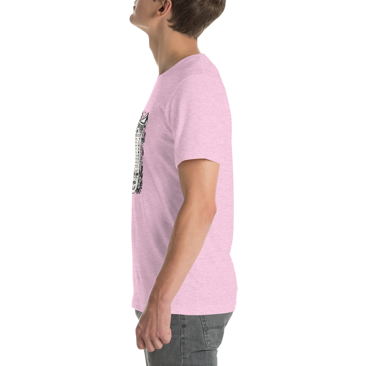 Trust the Signs design, a receipt from the Universe listing the angel numbers and their meanings, with a crystal ball and a candle, on a heather prism lilac unisex t-shirt, left side view
