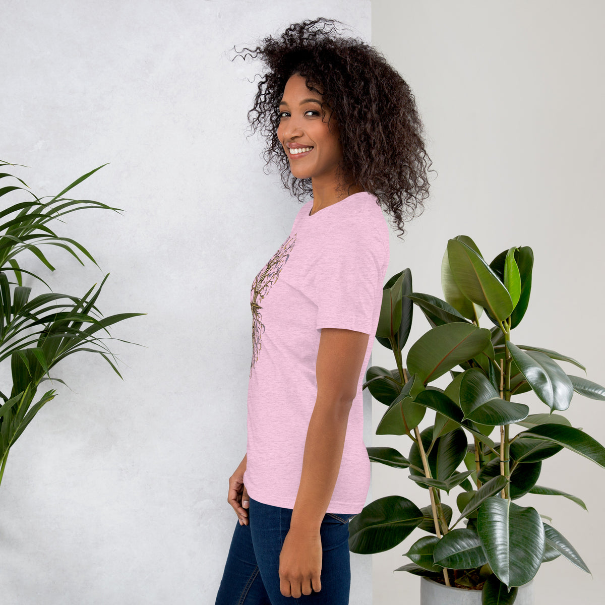 Own Your Grounded Energy design, an ornate tree with gold leaves and crystals in its roots, on a heather prism lilac unisex t-shirt, left side view