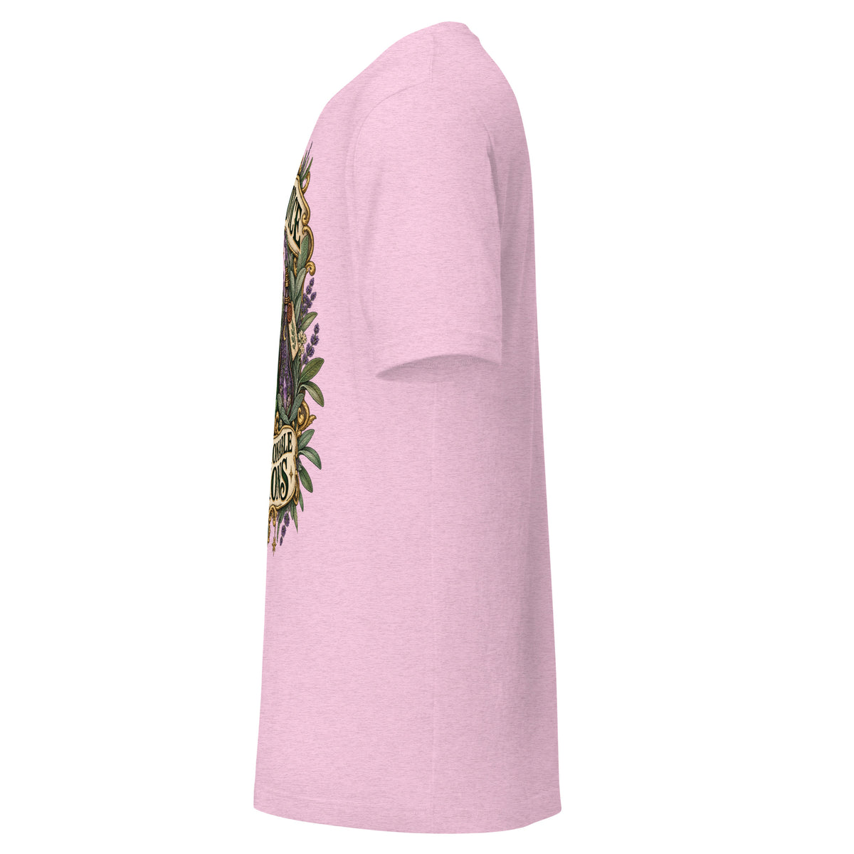 Sage Advice and Questionable Potions design, three apothecary bottles among lavender and sage, on a heather prism lilac unisex t-shirt, left side view