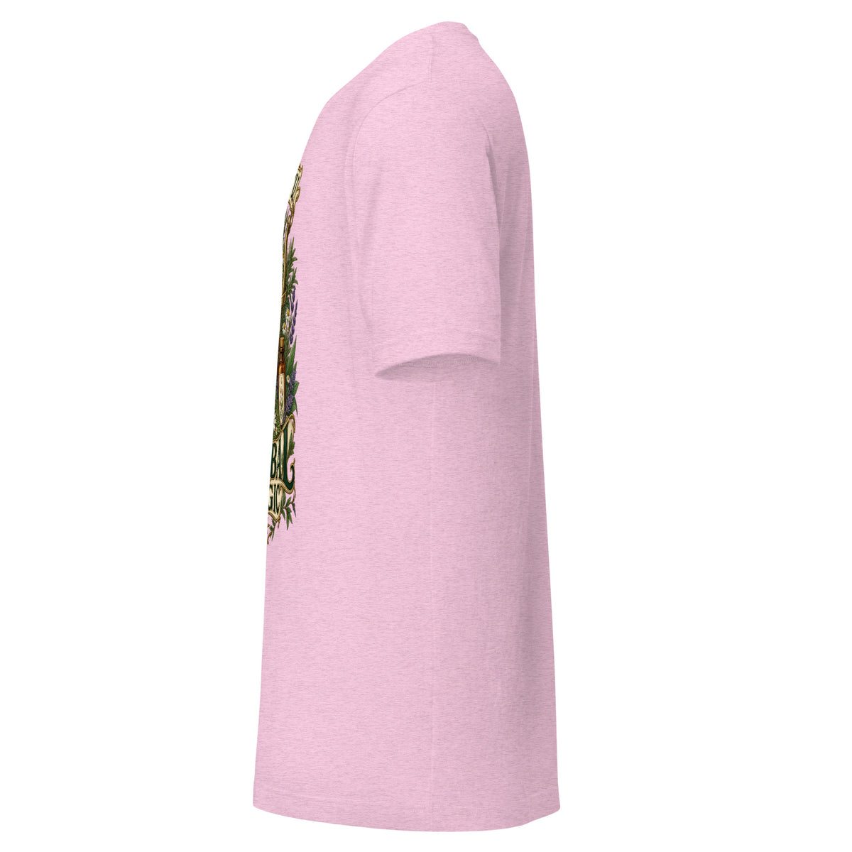 A Little Herbal Magic unisex t-shirt in heather prism lilac, left side, showing the sleeve and side seam.