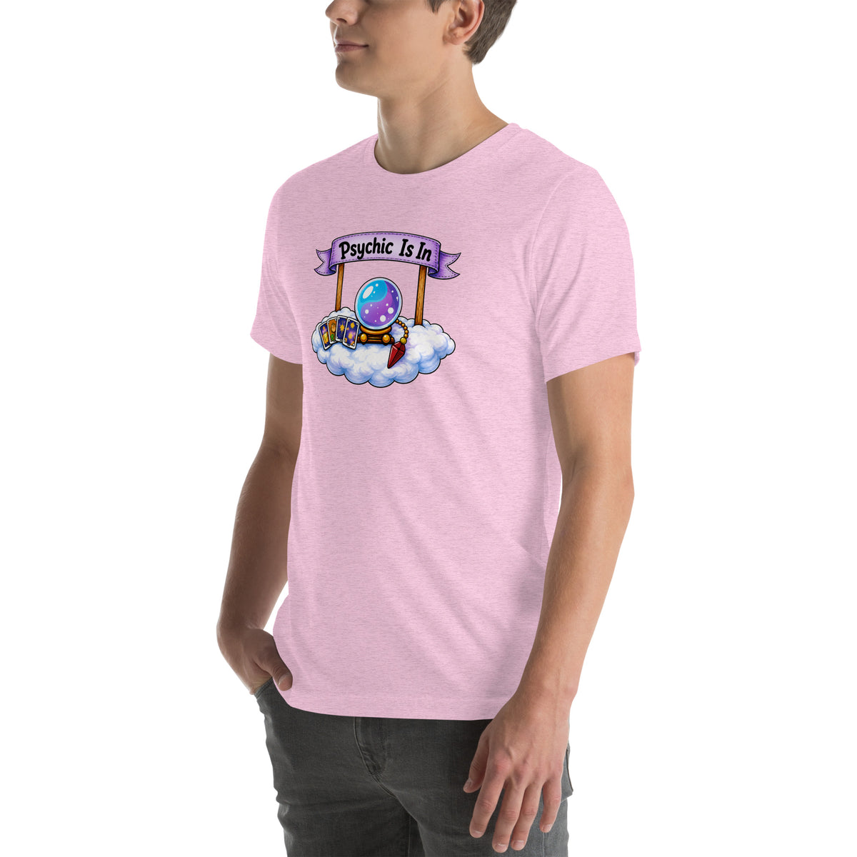 Psychic Is In design, playful floating clouds beneath a banner that reads Psychic Is Open for Business, on a heather prism lilac unisex t-shirt, angled left front view