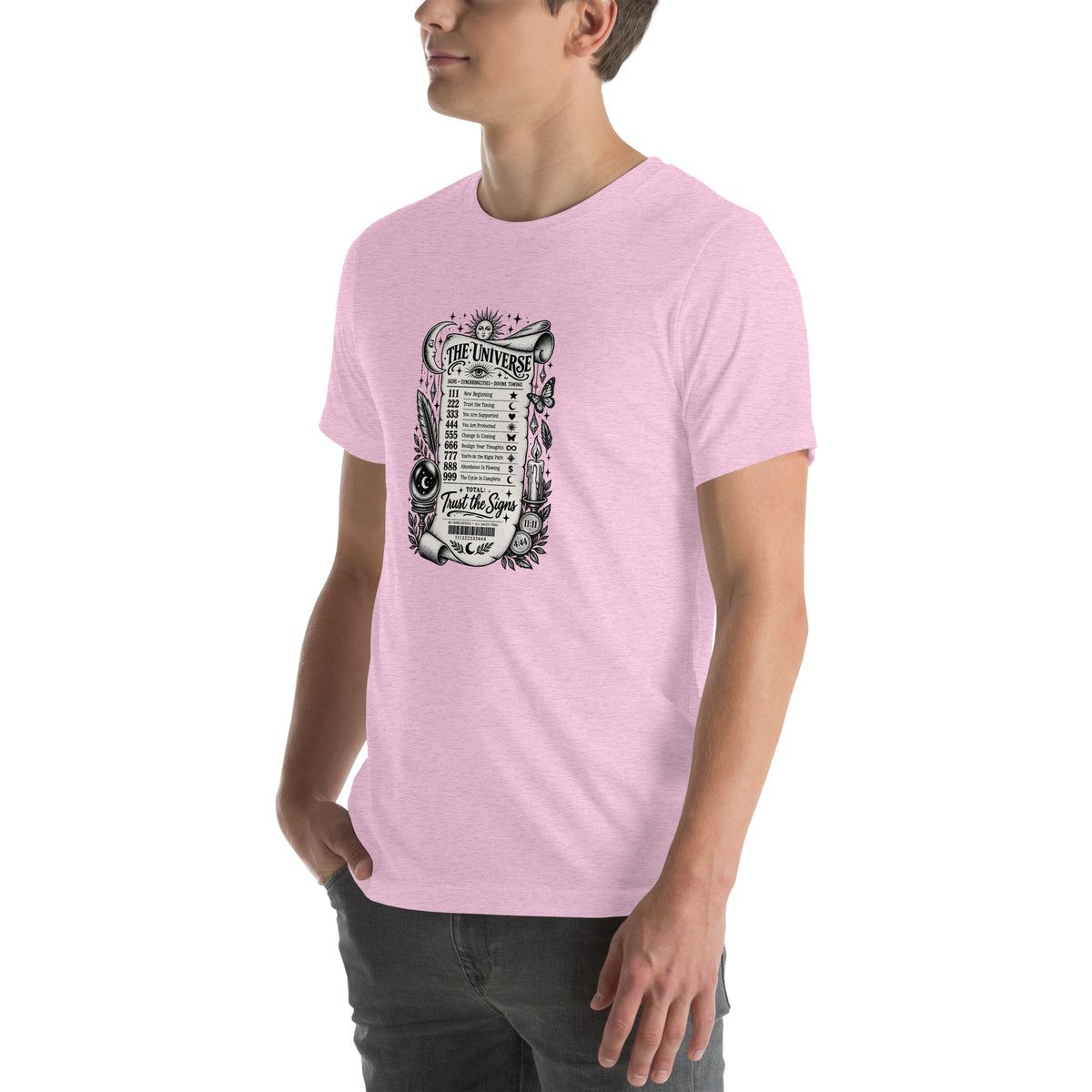 Trust the Signs design, a receipt from the Universe listing the angel numbers and their meanings, with a crystal ball and a candle, on a heather prism lilac unisex t-shirt, left front view