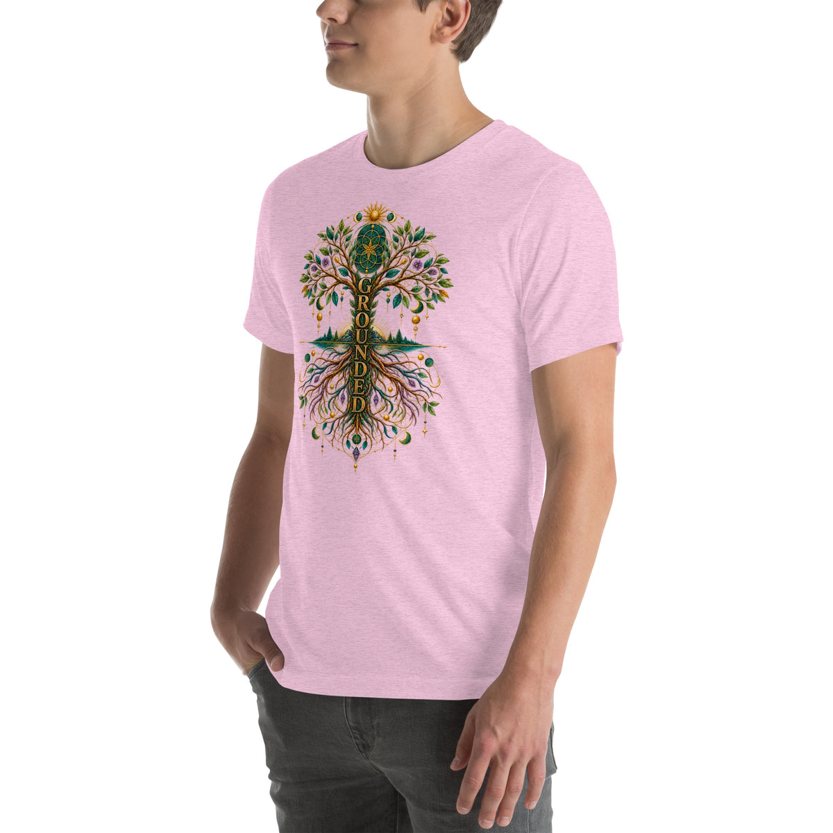 Grounded in Divine Energy design, on a heather prism lilac unisex t-shirt, angled left front view