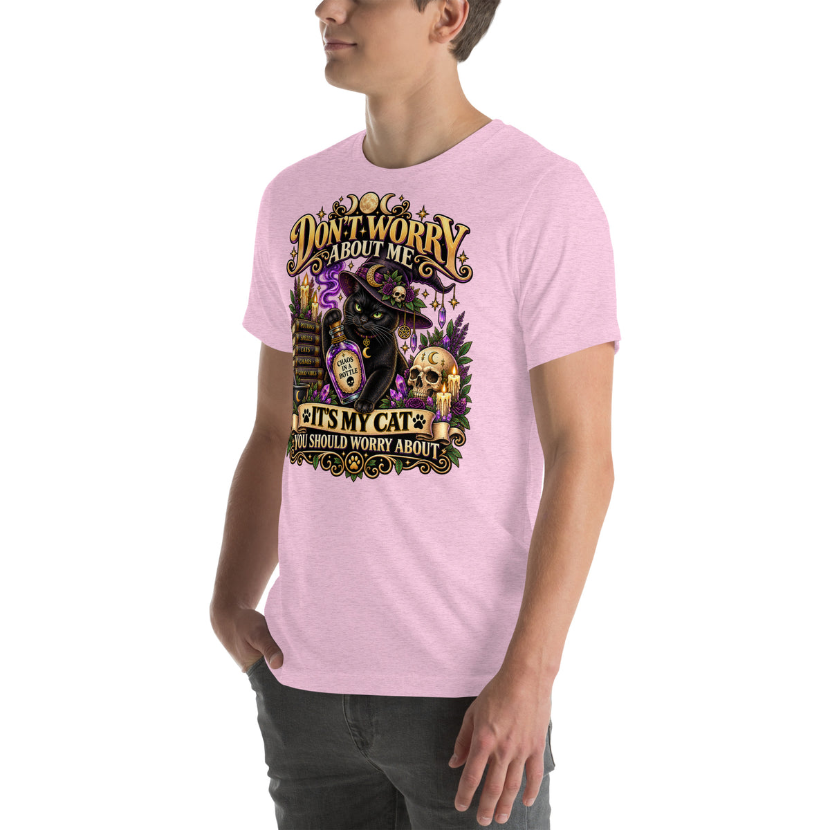 Model wearing a Heather Prism Lilac It's My Cat You Should Worry About t-shirt, left side view