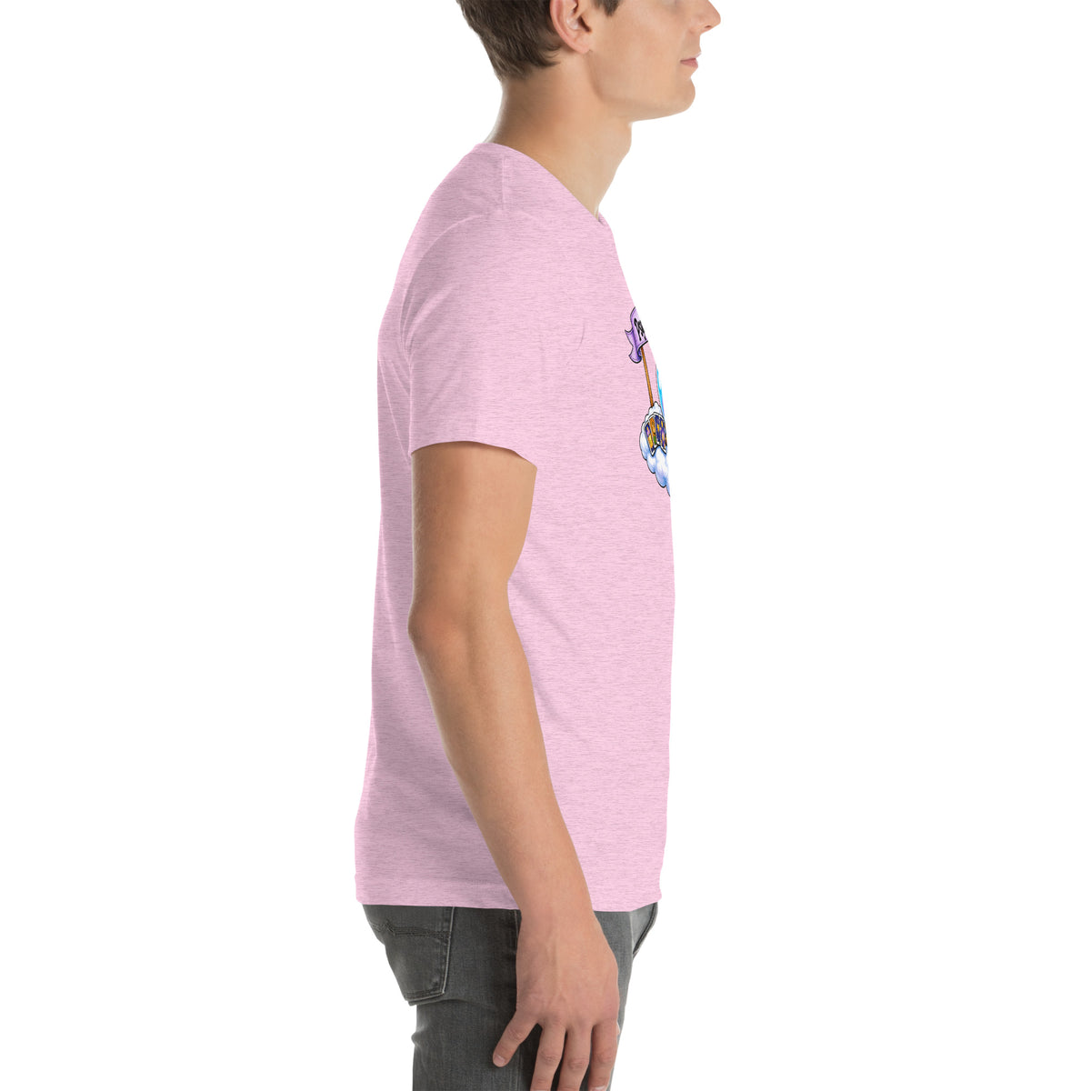 Psychic Is In design, playful floating clouds beneath a banner that reads Psychic Is Open for Business, on a heather prism lilac unisex t-shirt, right side view