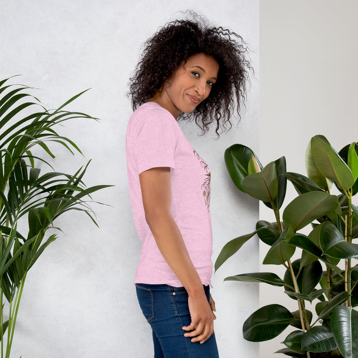 Own Your Grounded Energy design, an ornate tree with gold leaves and crystals in its roots, on a heather prism lilac unisex t-shirt, right side view