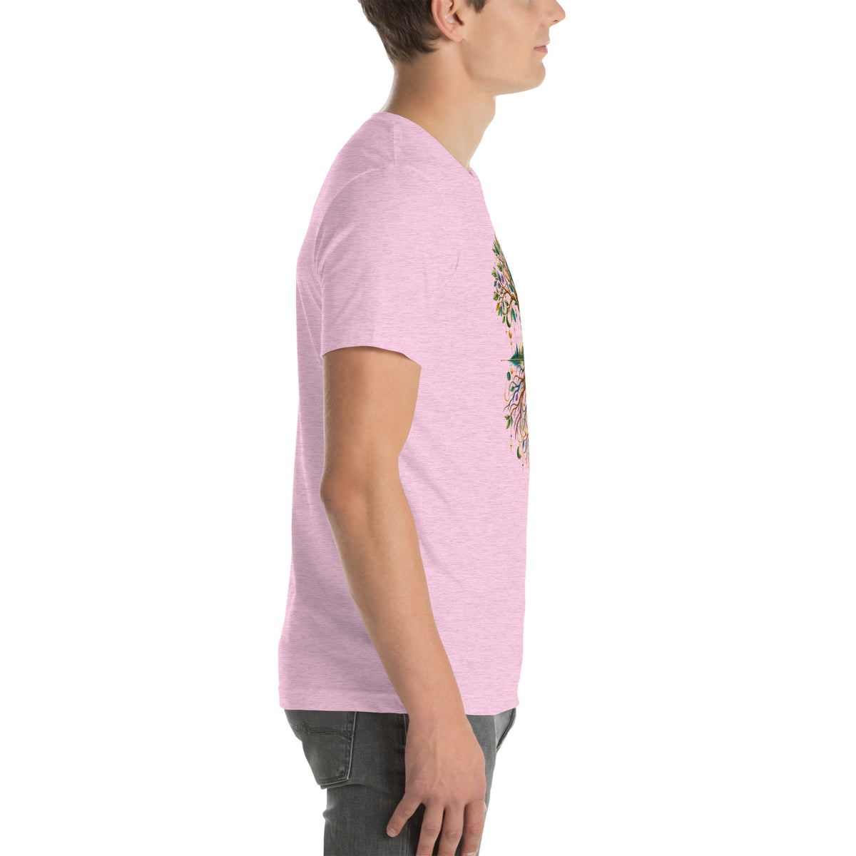 Grounded in Divine Energy design, on a heather prism lilac unisex t-shirt, right side view