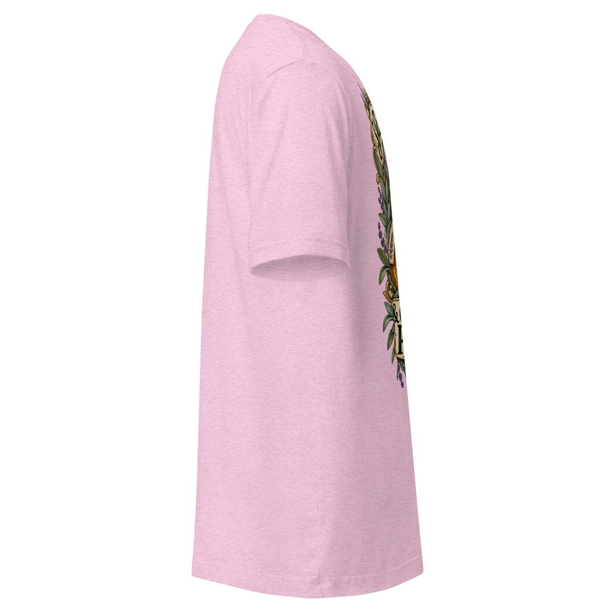 Sage Advice and Questionable Potions design, three apothecary bottles among lavender and sage, on a heather prism lilac unisex t-shirt, right side view