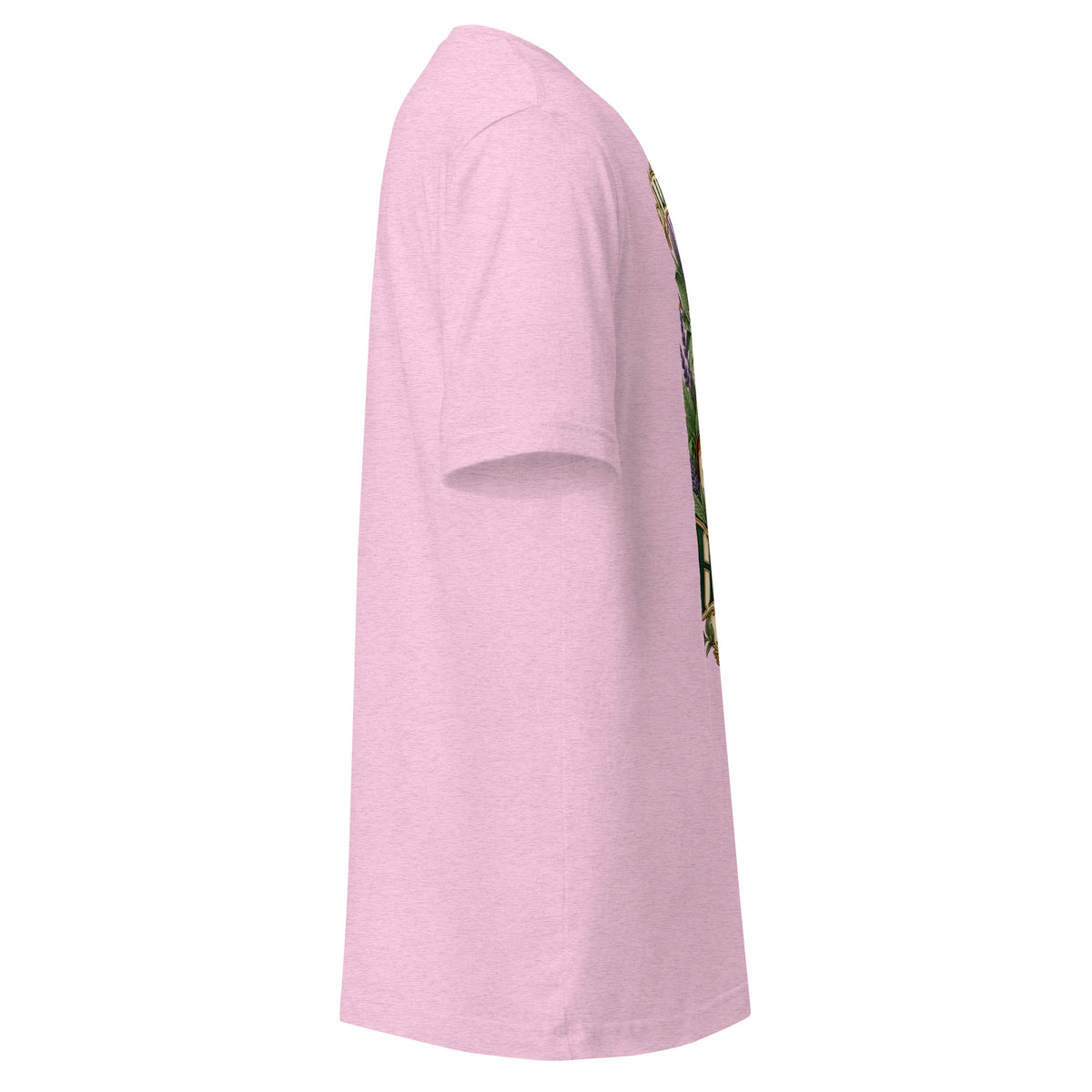 A Little Herbal Magic unisex t-shirt in heather prism lilac, right side, showing the sleeve and shoulder taping.