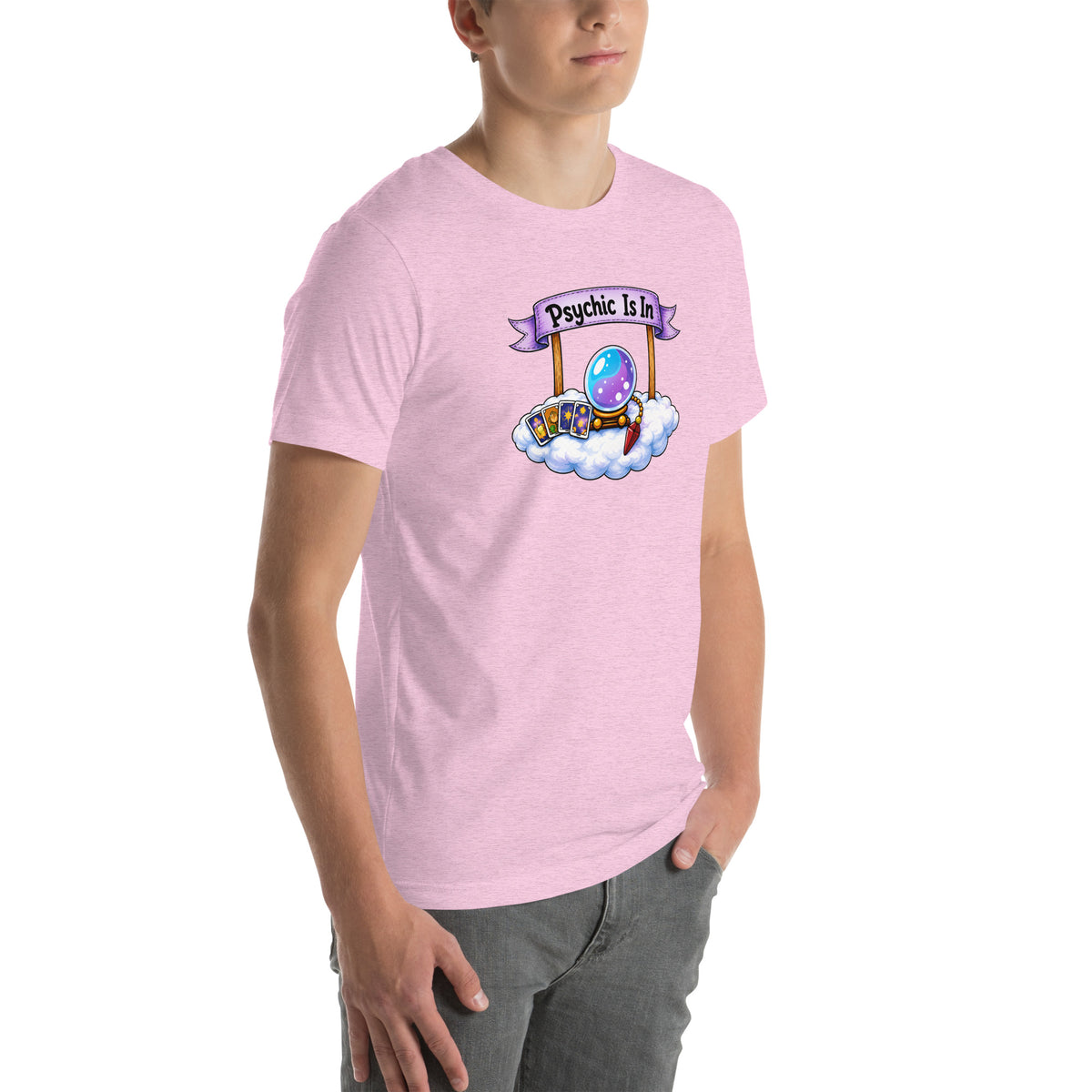 Psychic Is In design, playful floating clouds beneath a banner that reads Psychic Is Open for Business, on a heather prism lilac unisex t-shirt, angled right front view