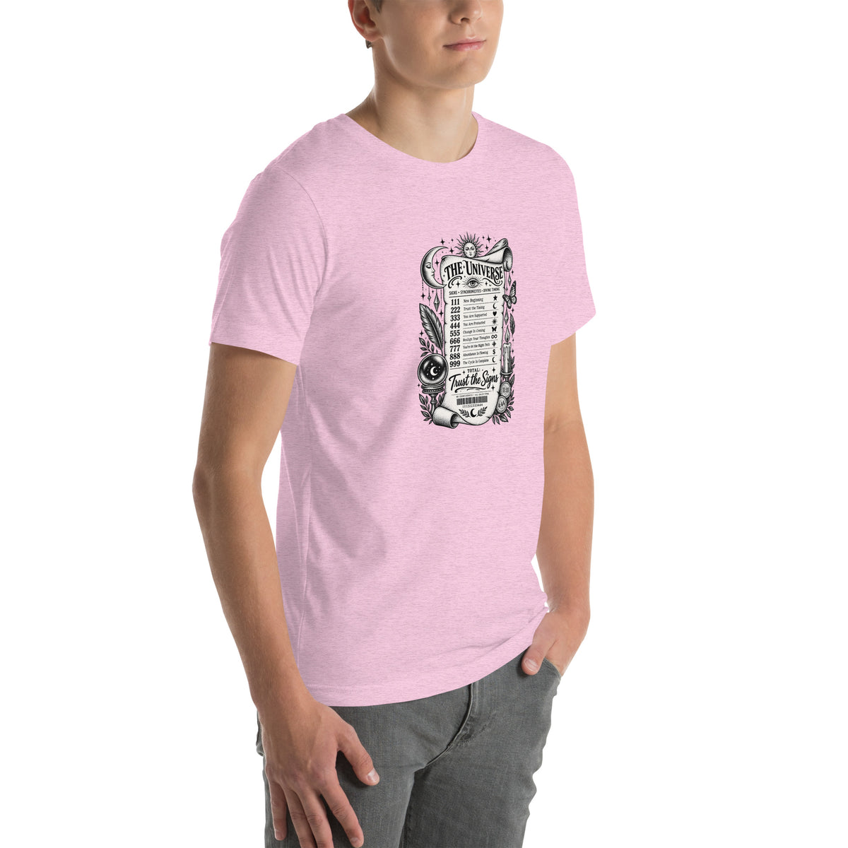 Trust the Signs design, a receipt from the Universe listing the angel numbers and their meanings, with a crystal ball and a candle, on a heather prism lilac unisex t-shirt, right front view