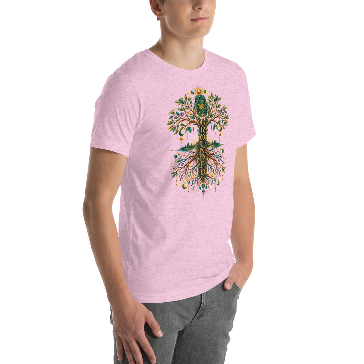 Grounded in Divine Energy design, on a heather prism lilac unisex t-shirt, angled right front view