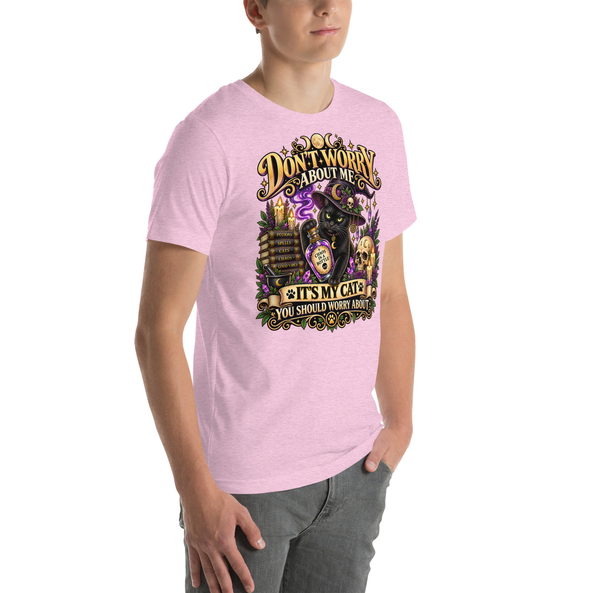 Model wearing a Heather Prism Lilac It's My Cat You Should Worry About t-shirt, right side view