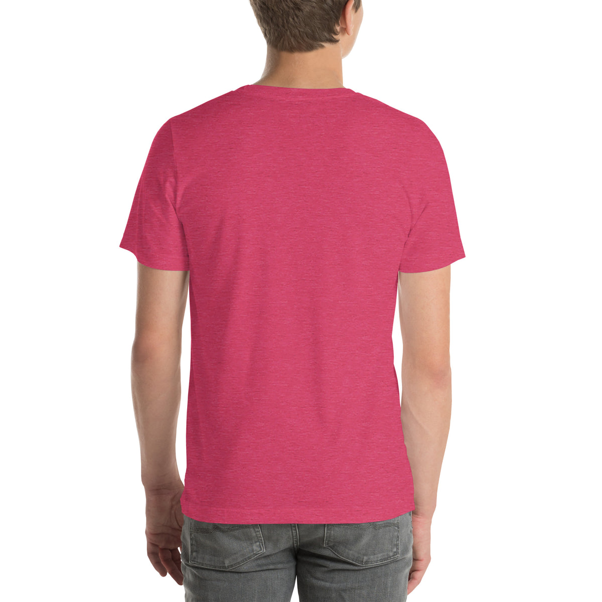 Psychic Is In design, playful floating clouds beneath a banner that reads Psychic Is Open for Business, on a heather raspberry unisex t-shirt, back view