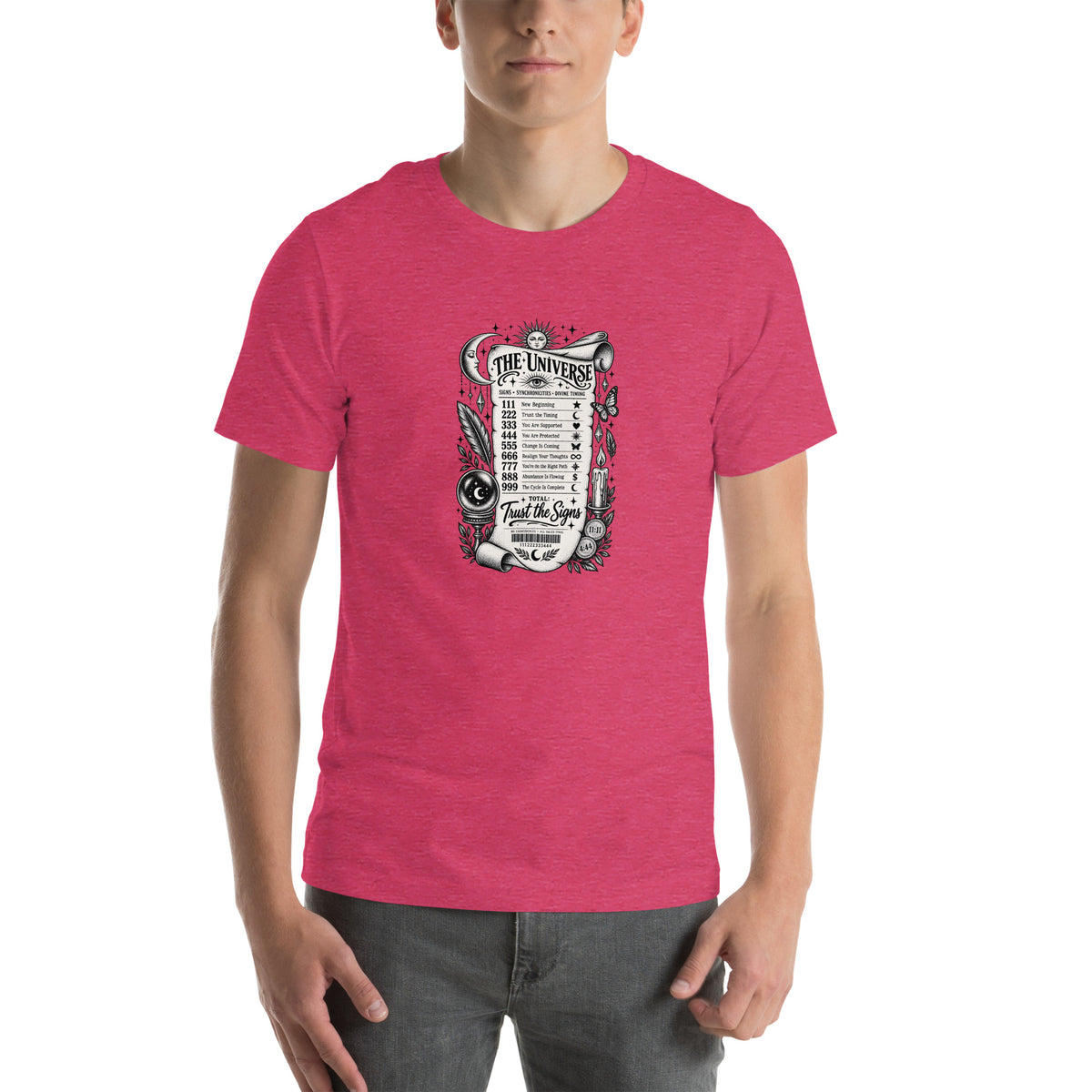 Trust the Signs design, a receipt from the Universe listing the angel numbers and their meanings, with a crystal ball and a candle, on a heather raspberry unisex t-shirt, front view