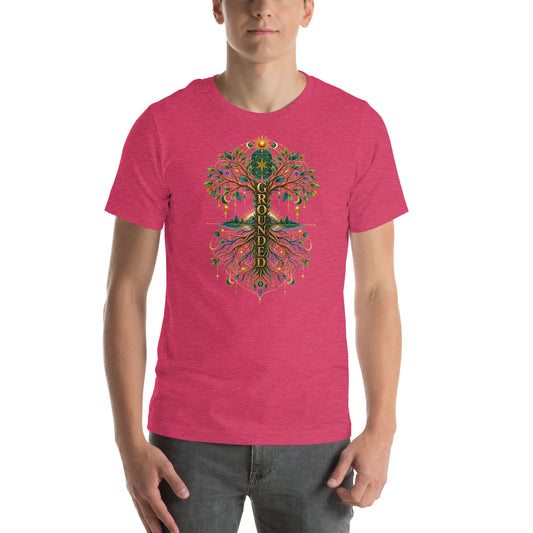 Grounded in Divine Energy design, on a heather raspberry unisex t-shirt, front view