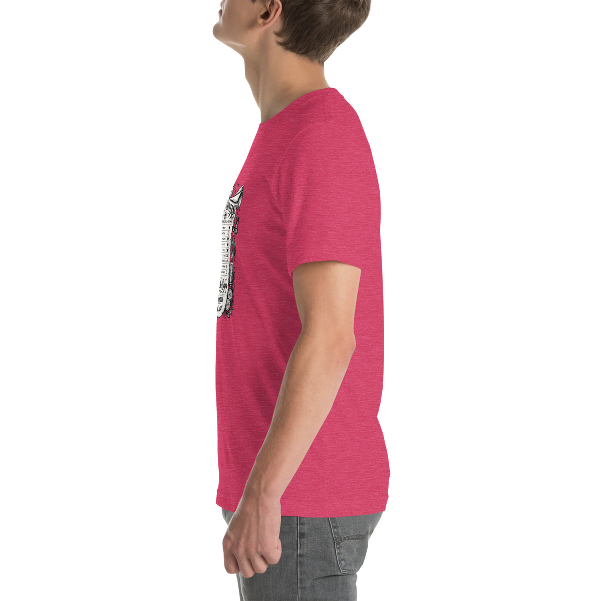Trust the Signs design, a receipt from the Universe listing the angel numbers and their meanings, with a crystal ball and a candle, on a heather raspberry unisex t-shirt, left side view