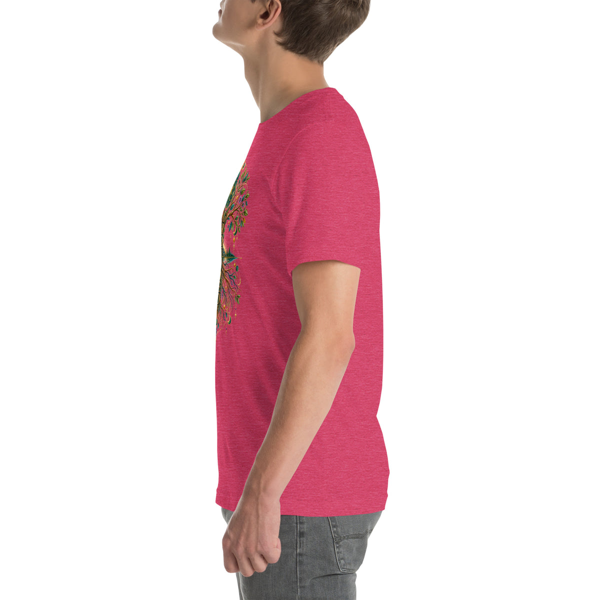 Grounded in Divine Energy design, on a heather raspberry unisex t-shirt, left side view