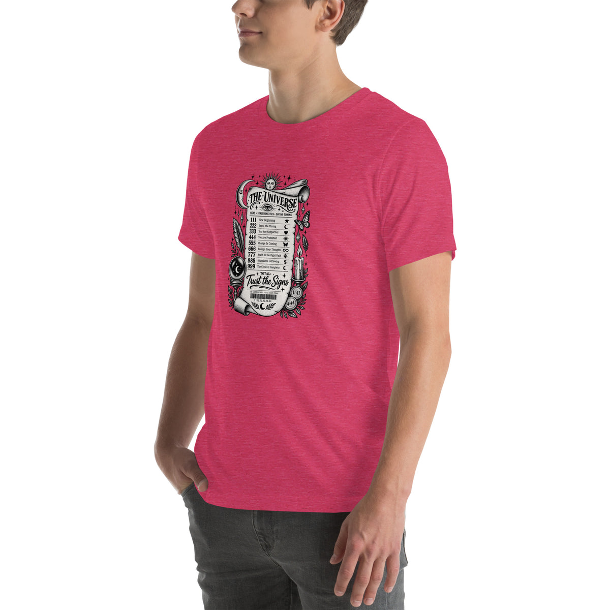 Trust the Signs design, a receipt from the Universe listing the angel numbers and their meanings, with a crystal ball and a candle, on a heather raspberry unisex t-shirt, left front view