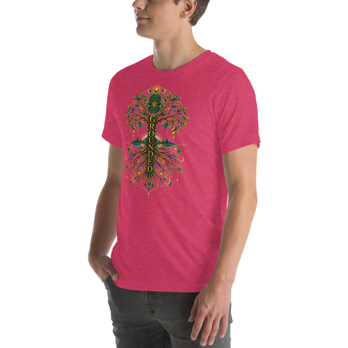 Grounded in Divine Energy design, on a heather raspberry unisex t-shirt, angled left front view