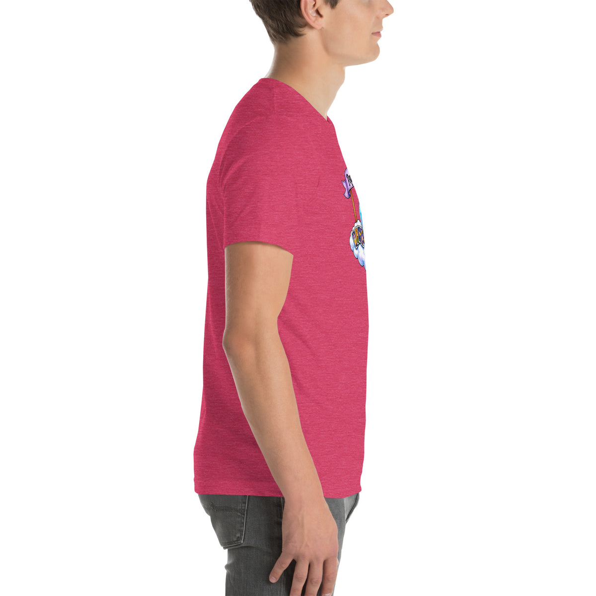 Psychic Is In design, playful floating clouds beneath a banner that reads Psychic Is Open for Business, on a heather raspberry unisex t-shirt, right side view