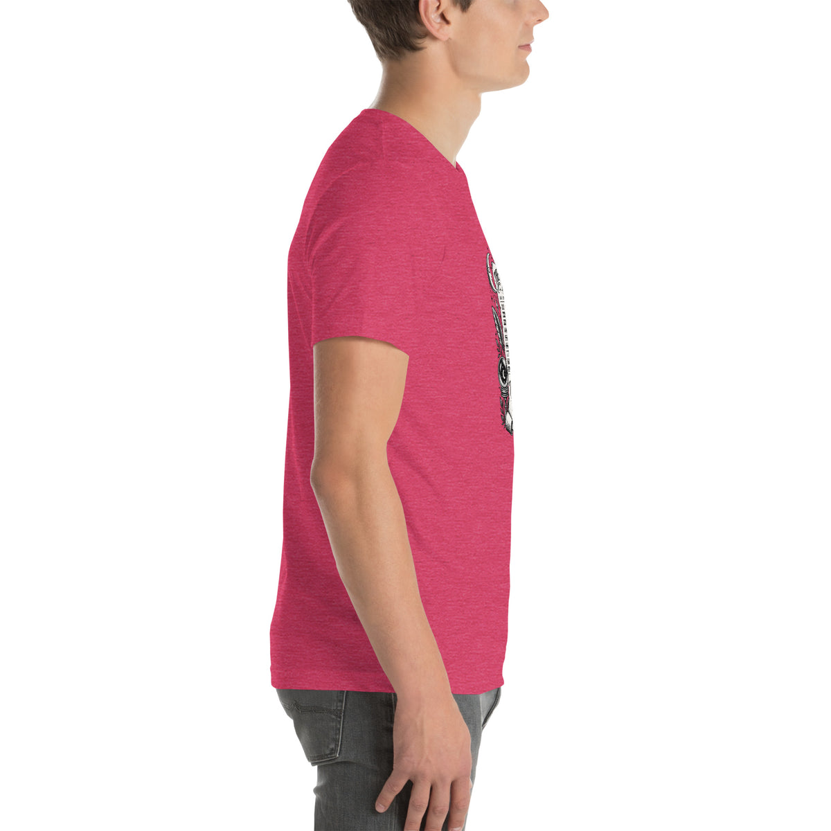 Trust the Signs design, a receipt from the Universe listing the angel numbers and their meanings, with a crystal ball and a candle, on a heather raspberry unisex t-shirt, right side view