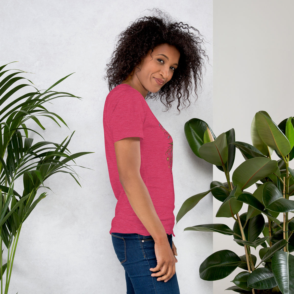 Own Your Grounded Energy design, an ornate tree with gold leaves and crystals in its roots, on a heather raspberry unisex t-shirt, right side view