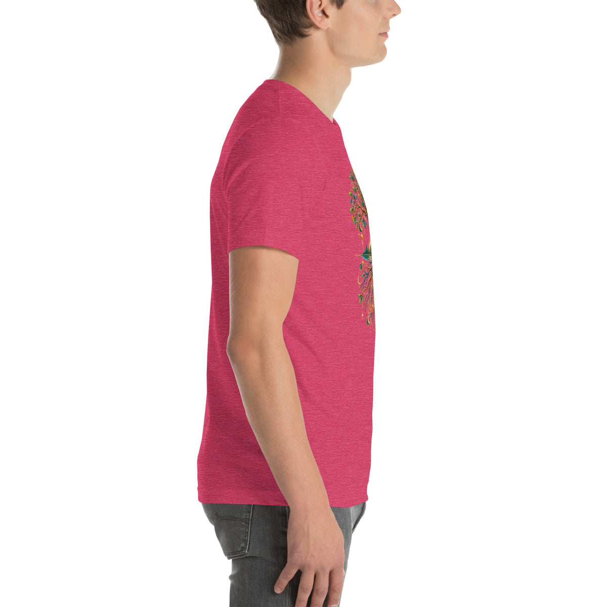 Grounded in Divine Energy design, on a heather raspberry unisex t-shirt, right side view