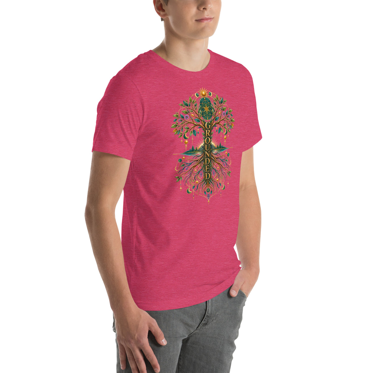 Grounded in Divine Energy design, on a heather raspberry unisex t-shirt, angled right front view