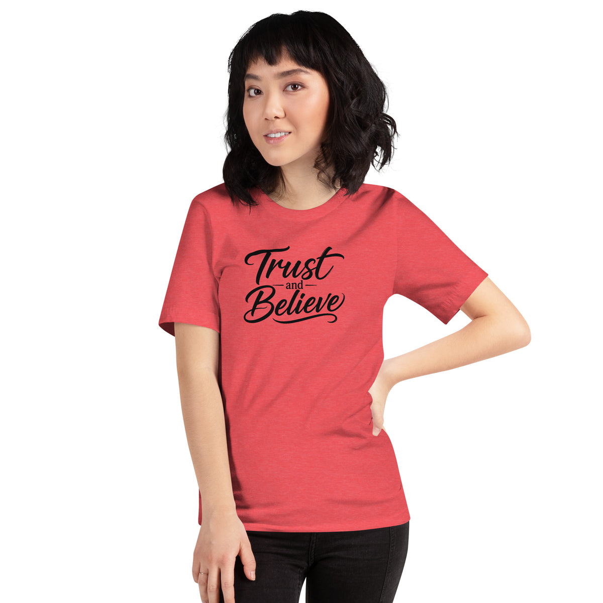 Trust and Believe design in black lettering, on a heather red unisex t-shirt, front view