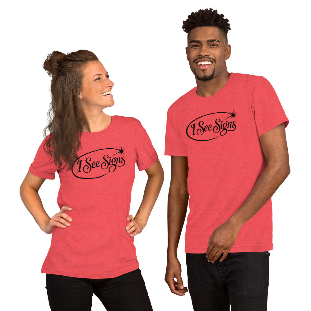 I See Signs design, the words set in black script inside a thin oval with a four-pointed star, on a heather red unisex t-shirt, front view
