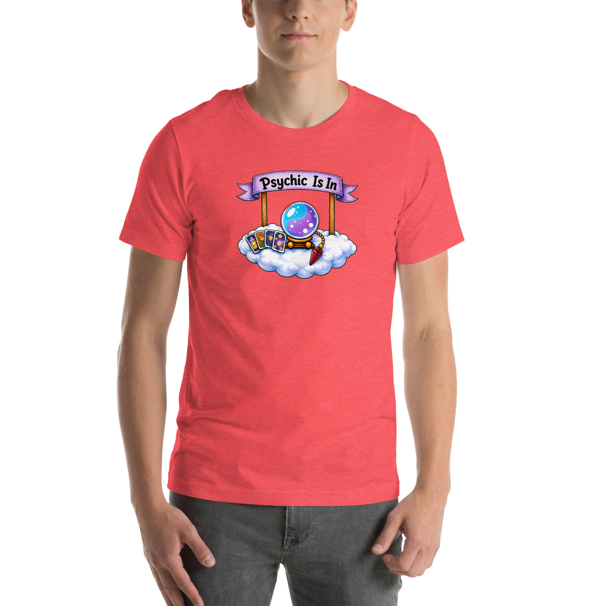 Psychic Is In design, playful floating clouds beneath a banner that reads Psychic Is Open for Business, on a heather red unisex t-shirt, front view
