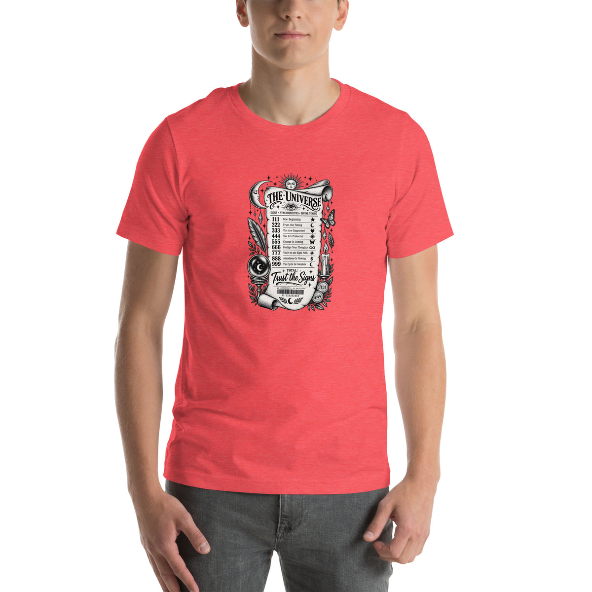 Trust the Signs design, a receipt from the Universe listing the angel numbers and their meanings, with a crystal ball and a candle, on a heather red unisex t-shirt, front view