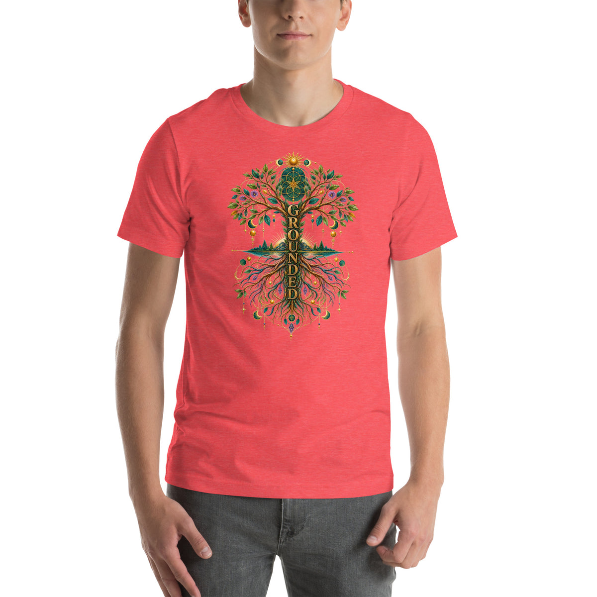 Grounded in Divine Energy design, on a heather red unisex t-shirt, front view